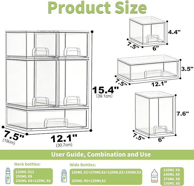 Bottle Storage Organizer Baby: Clear Stackable Storage Drawers, Acrylic Bottles Station Organizer for Countertop, Vanity, Bathroom, Cabinet Organization - 5 Pack