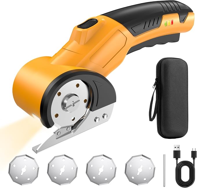 Tanson Cordless Electric Scissors Cardboard Cutter 4V Mini Rechargeable Box Cutter Tool with 4 Blades & Safety Lock & LED Light & Storage Case for Cutting Fabric Carpet Carton Plastic Leather Paper