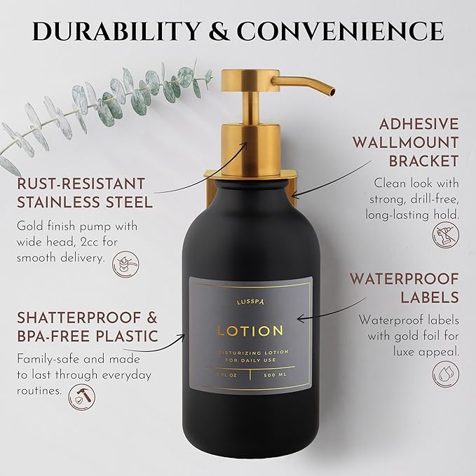 Shower Shampoo Dispenser Wall Mounted – 3 Refillable 16.9 oz Black Bottles with Stainless Steel Pumps & No-Drill Adhesive Holders – Soap Dispenser Set for Bathroom (3 X Black/Gold)
