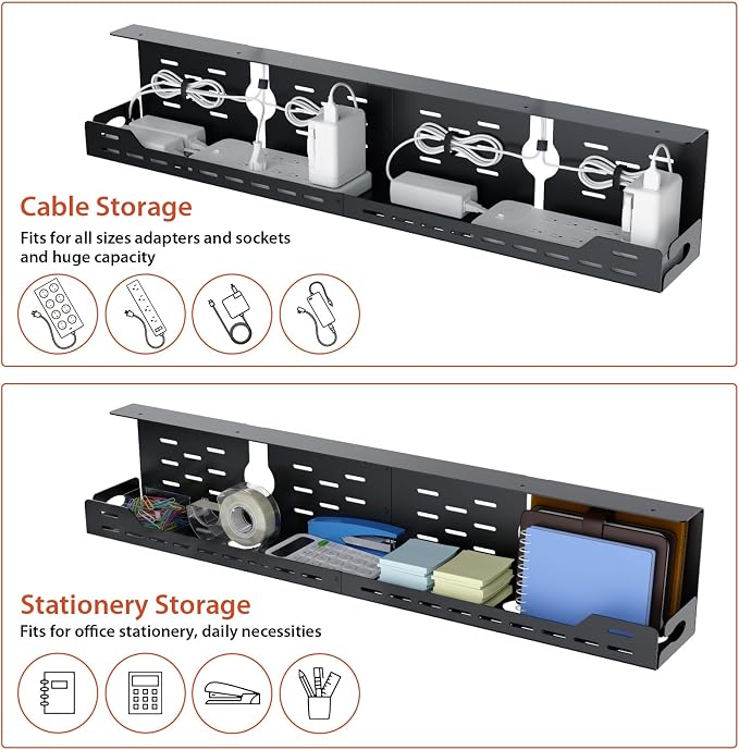 Univivi Under Desk Cable Management Tray - 32" Steel Cord Organizer, No-Drill C-Clamp & Screw Mount for Office/Home, Effortless Wire Management (Black)