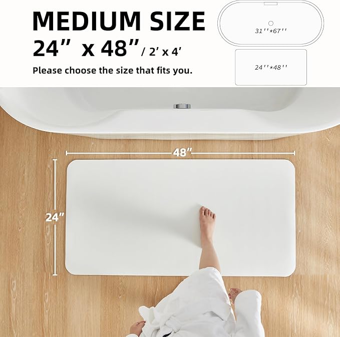 TYUU White Bath Mat, Bathroom Rugs Non Slip Washable Thin Absorbent Quick Dry Bath Mat Fits Under Door Bathroom Floor Mat Perfect for Bath, Shower, or Sink 24"x48" White