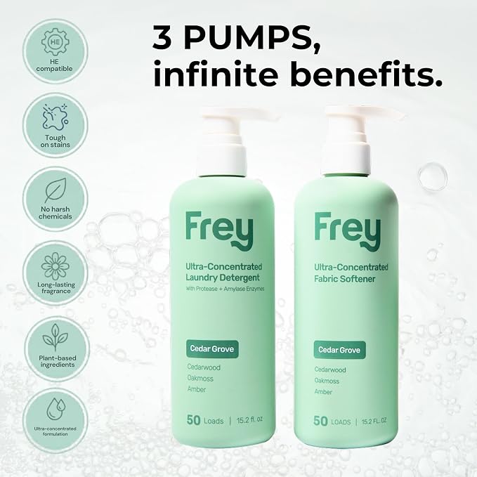 FREY Laundry Care Bundle: Concentrated Detergent & Fabric Softener, Cedar Grove Scent, HE-Compatible, Eco-Friendly