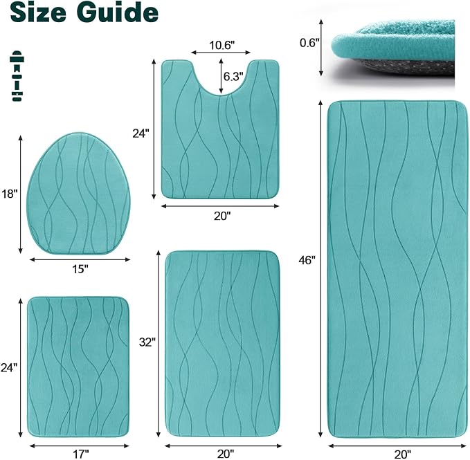 YIHOUSE Bathroom Rugs Set 5 Piece, Memory Foam Bath Mat Teal | Ultra Soft, Absorbent, Non-Slip, Machine Washable, for Bathroom, Sink and Toilet