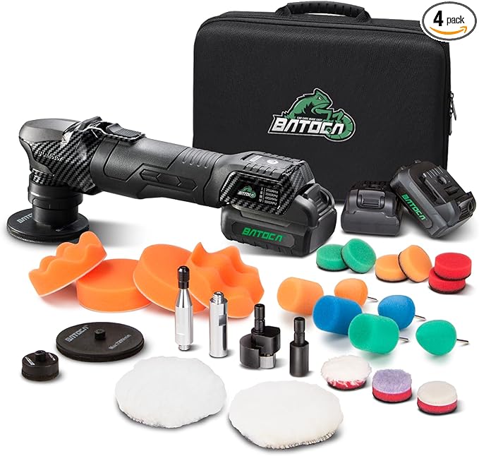 BATOCA S4 Cordless Multi-Polisher-Set, with 2Pcs 12V 2.5Ah Batteries, RO&DA Car Buffer Polisher, 1&3inch Mini Brushless Polisher for Car Detailing, Carbon Style