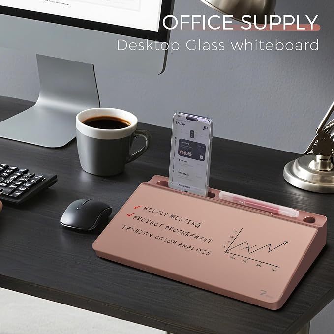 TOWON Small Compact Glass Desktop Whiteboard with Storage – 12 x 7 in Dry Erase Board for Desk, Home Office, School | Includes 5 Markers, Eraser & Holder | Space-Saving Organizer, Aesthetic Rose Gold