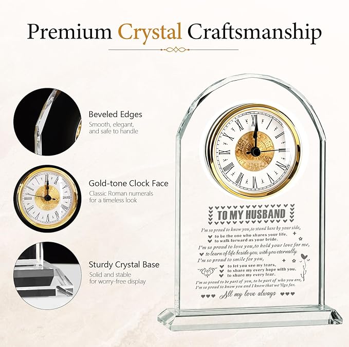 Crystal Glass Clock Gifts for Husband from Wife Romantic Birthday Home Decorations Wedding Anniversary Valentines Day Fathers Day Gift (Battery not Included)