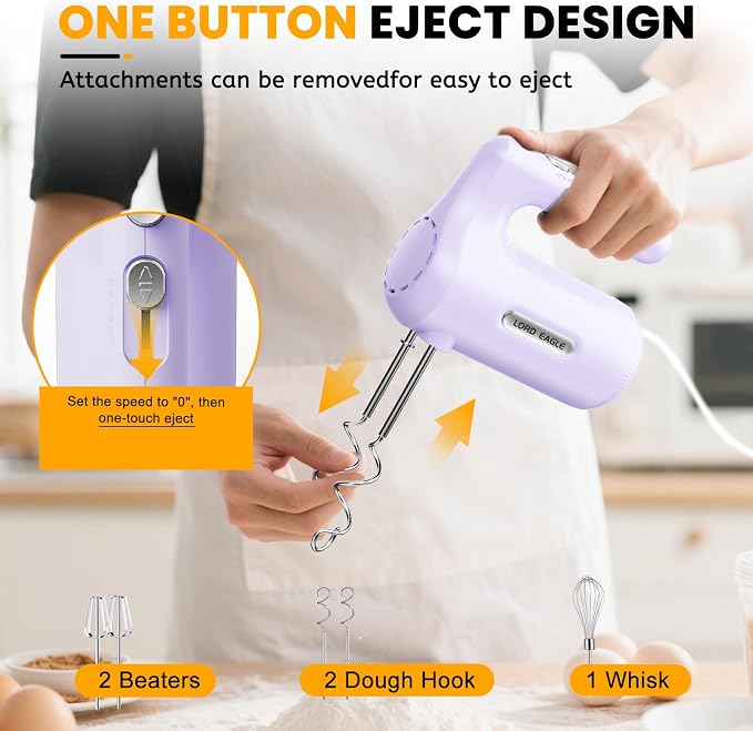 Lord Eagle 5-Speed Hand Mixer Electric, 300W Compact Handheld Mixer, Portable Kitchen Egg Beater with 5 Attachments & Storage Bag, Cake Supplies for Bread Dough Baking, Lightweight, Purple