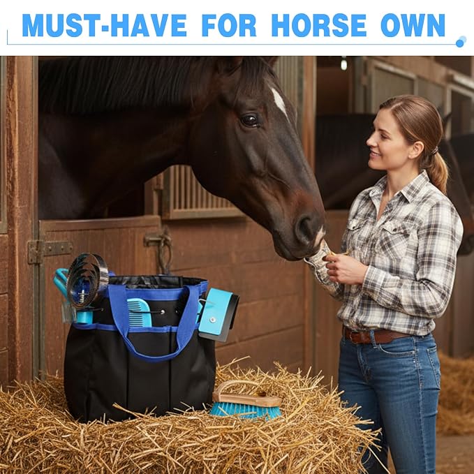 Abbylike 12 Piece Horse Grooming Kit with Organizer Tote Bag Brush Sets for Derby Day Show Horses Professional Tools for Care & Massage(Blue)
