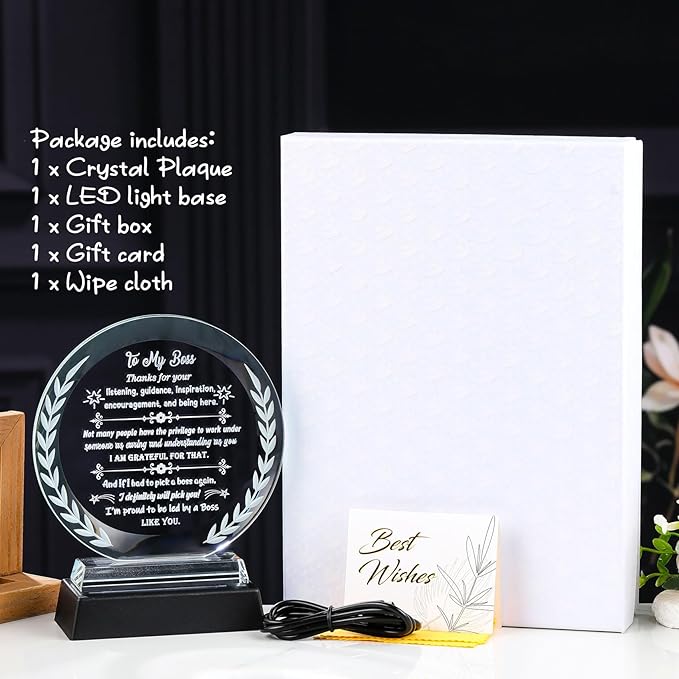 Boss Gifts for Women Men Meaningful Appreciation Retirement Present for Leader with LED Light Base Best Birthday Plaque to My Boss for Office Desk Home