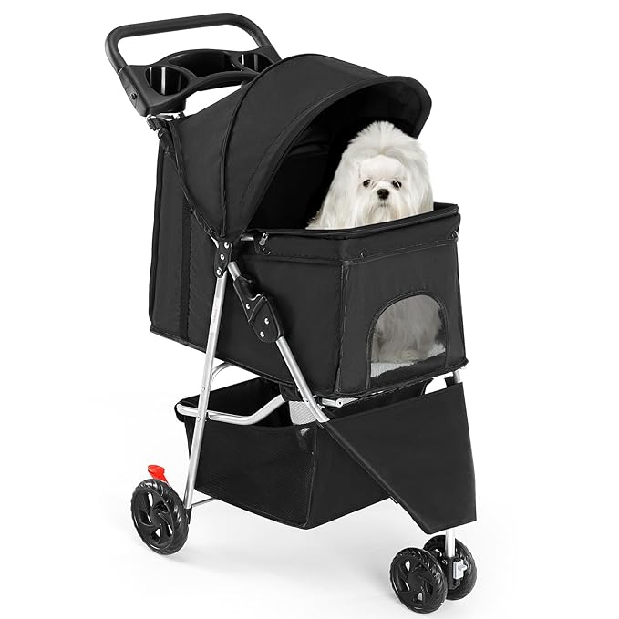 DUMOS 3 Wheels Pet Stroller for Small Dogs and Cats – Foldable Dog Stroller with Mesh Windows, Storage Basket & Cup Holder, Lightweight & Durable Pet Carrier for Travel, Outdoor Use – Black