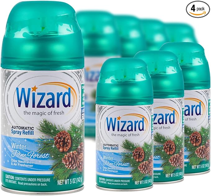 Wizard Automatic Spray Refill – Winter Pine Forest, 5 oz (12 Pack) | Compatible with Air Wick Freshmatic & Glade Dispensers | Long Lasting Odor Neutralizer for Home & Office