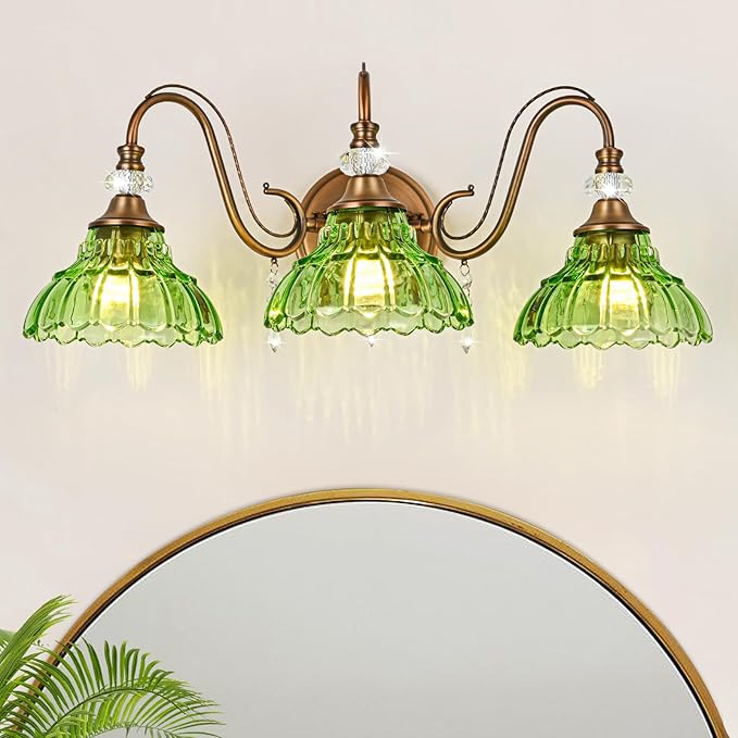 Vintage Bathroom Vanity Light, 3-Light Matte Antique Brass Finish Wall Sconce with Hanging Crystal Accents and Flower-Shaped Green Glass Shades, Retro Wall Mount Vanity Light Over Mirror for Bathroom