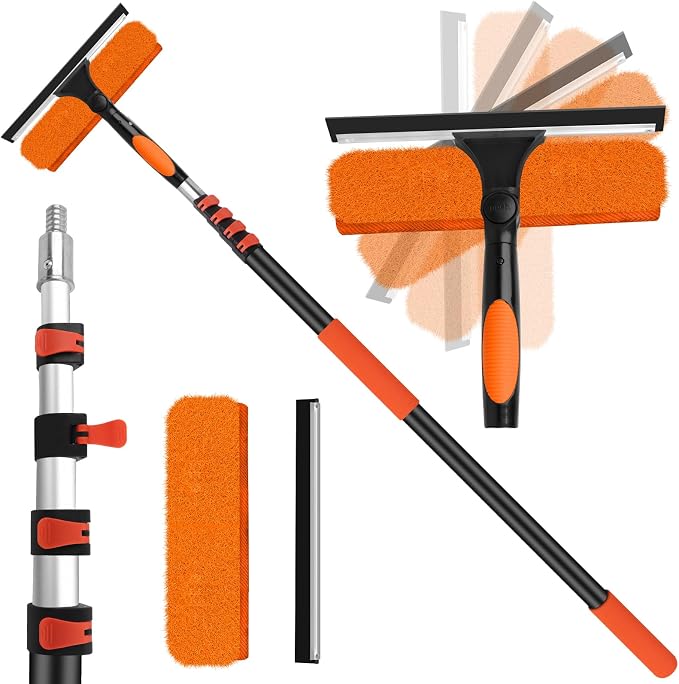 18FT High Window Cleaning Kit with Pole,2 in 1 Window Squeegee,3-12FT Professional Window Clean Pole Kit,2 Squeegee & 2 Microfibre Cloths,180°Rotatable Squeegee for Indoor/Outdoor High Windows