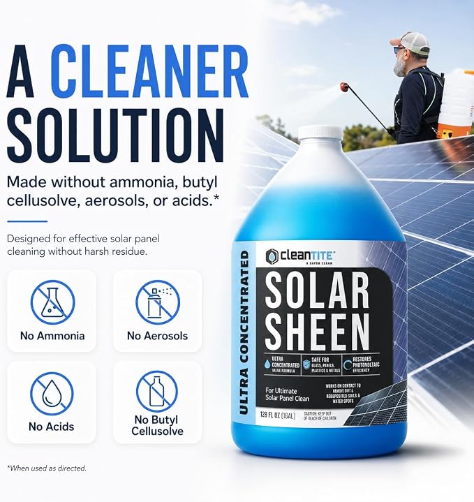 Solar Panel Cleaner 1 Gallon (Makes 512 G) - Super Concentrated Cleaning Solution for Glass, Metal, Wood & Plastic - Remove Oil, Fingerprint & Water Spots - Multipurpose Solar Panel Cleaning