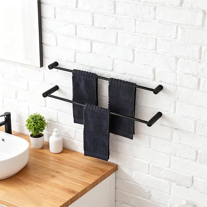Towel Racks for Bathroom, NEWRAIN 30 inch Double Bath Towel Bar Wall Mounted, Stainless Steel Kitchen Towel Holder, Matte Black Towel Rod Towel Rail Hange