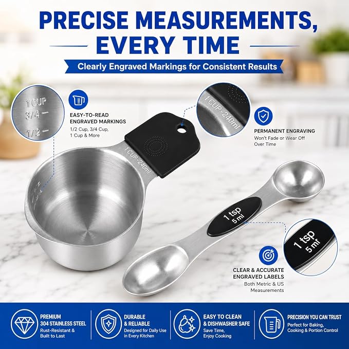 Magnetic Measuring Cups and Spoons Set, Strong N52 Magnets, Heavy Duty 304 Stainless Steel Fits in Spice Jars for Baking & Cooking, BPA Free, Round Set of 15 with Leveler Black