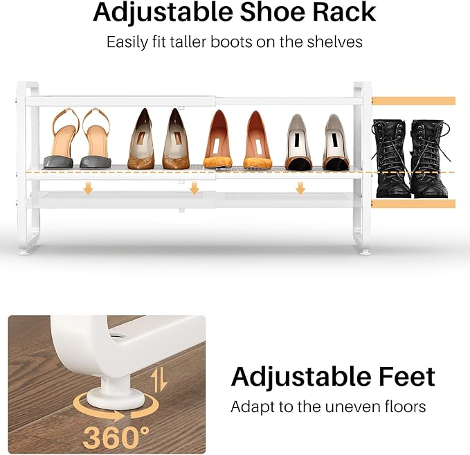 SNTD Shoe Rack - Expandable Shoe Organizer for Closet, Adjustable Metal Shoe Shelf Storage, Stackable Long Shoe Stand Holder for Garage, Entryway, Door Entrance (White, 2-Tier)
