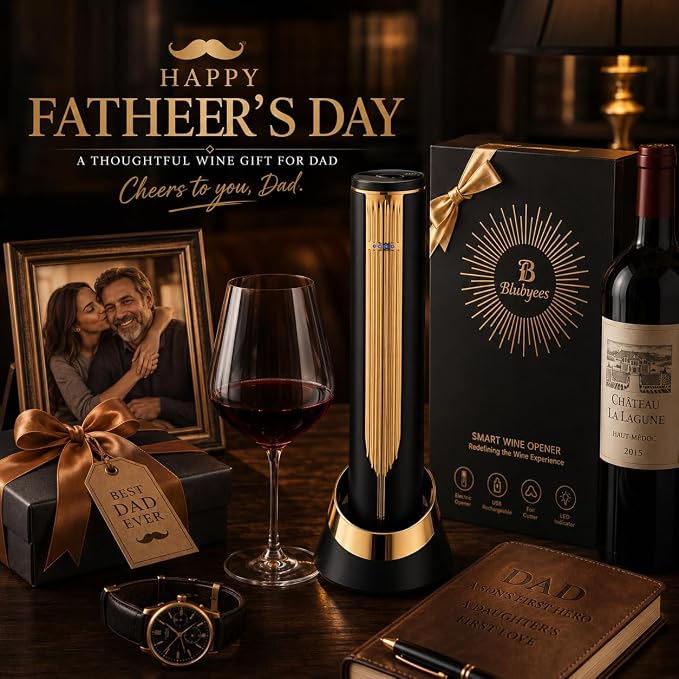 BLUBYEES Electric Wine Opener with Charging Base and Built-In Foil Cutter, Rechargeable Touch-Activated Automatic Corkscrew, Premium Wine Gifts for Men Women, Dad, Husband