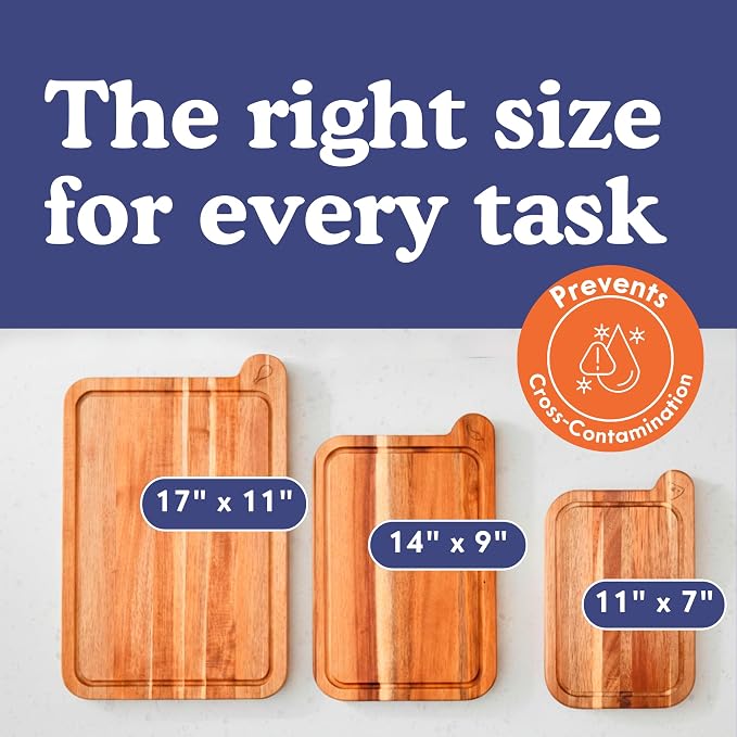 Non-Toxic Acacia Cutting Board Set of 3, Mineral Oil Free, Plastic Free | Petroleum free. No BPA. FSC-certified wood. 3 sizes: 17x11, 14x9 & 11x7 in. Beeswax, flaxseed & lemon oil finish.