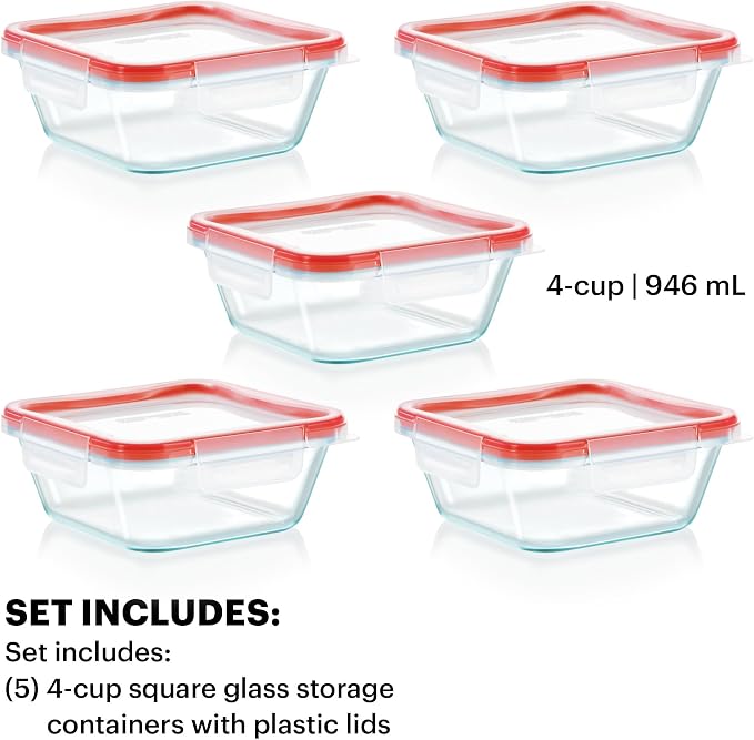 Pyrex Freshlock (5-Pack, 4 Cup) Glass Food Storage Containers Set, Airtight & Leakproof Plastic Locking Lids BPA-Free, Meal Prep Containers Set, Freezer Dishwasher Microwave Safe | Meal prep containers with BPA-free plastic airtight locking lids, freez...