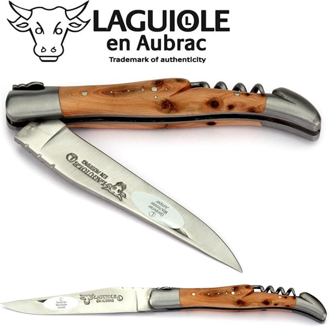 Laguiole en Aubrac Handmade Knife 12 cm Corkscrew L0312GEIF Juniper Wood Handle, Blade and bolsters Stainless Steel