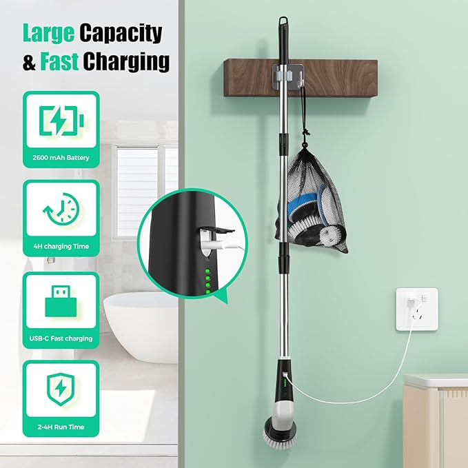 YKYI Electric Spin Scrubber, Cordless Power Scrubber Cleaning Tool with 8 Replaceable Heads and Extension Handle for Bathroom, Tub, Tile, Floor, Grout and Car (Gray)