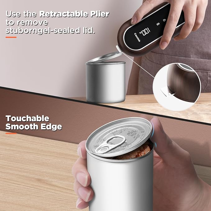 Canslab Turbo Rechargeable Electric Can Opener, LED Battery Life Display | Smart Auto Stop Can Opener for Seniors, Safe Touchable Smooth Edge, One Touch Hands-free, Wall-mountable, Walnut Wood Pattern