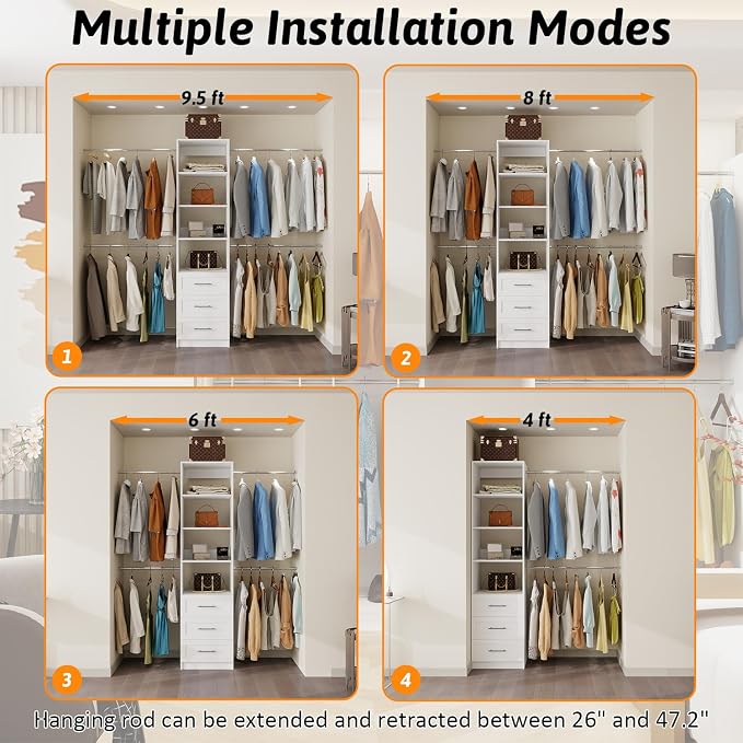 Closet System, 5FT-8FT Closet Organizer System with 3 Wooden Drawers, 99" Walk In Closet Organizer and Storage with 4 Expandable Hanging Rods, Wall Mount, White