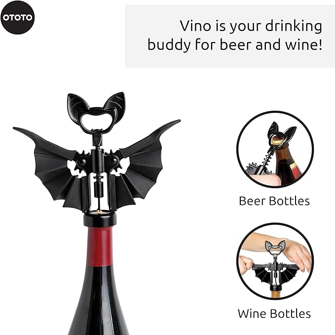 OTOTO Vino Spooky Bat 2-in-1 Wine & Beer Opener, Corkscrew & Bottle Opener, Batlicious Oven Mitts and Pot Holders Sets - Heat Resistant Trivets