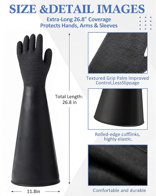 Maxcheck Heavy Duty Sandblasting Cabinet Gloves 26.8 Inch Rubber Sandblast Gloves with Non-slip Particle Grip for Blasting(Wrinkle Style)