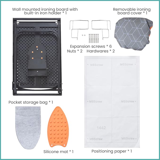 Seiritex Wall Mounted Ironing Board with Iron Holder, 42x14 Compact Mount Foldable Ironing Board for Small Spaces, Space Saving with Cotton Fabric Cover and Silicone Iron Rest