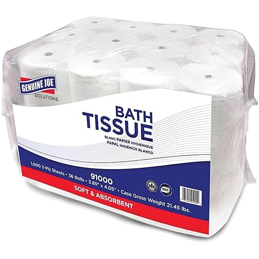 Genuine Joe Bath Tissue, 3.85" x 4.05", 2-Ply, 1000 Sheets/Roll, 36 Count