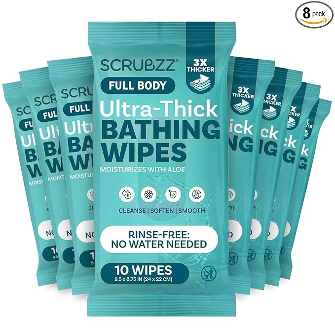 Extra Large Body Wipes for Adults Bathing No Rinse - 80 Ultra Thick Disposable Shower Wipes for Men, Women & Elderly - Great for Gym, Camping, Post Surgery