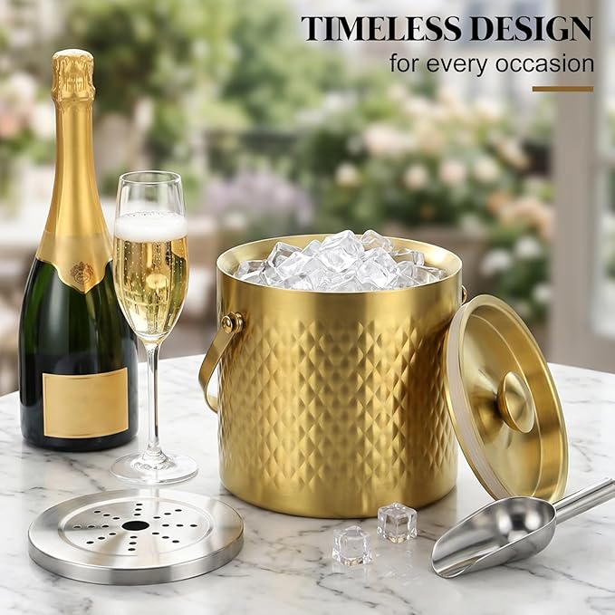 3L Vacuum Insulated Ice Bucket, 304 Stainless Steel Champagne Bucket with Lid, Silicone Seal, Handle, Ice Tongs Scoop Strainer, 2-3H Cold Retention for Bar Party Home Wedding Gifts