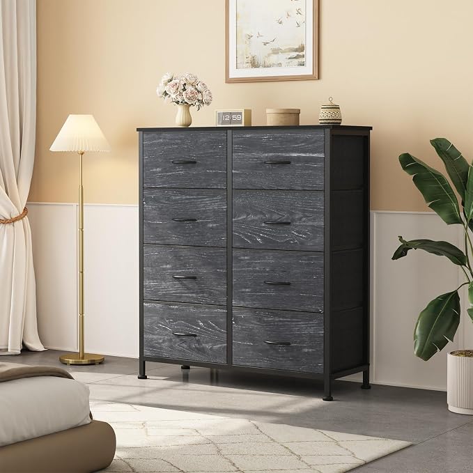 OLIXIS 8 Drawer Storage Dresser with Wood Top - Wide Fabric Chest Organizer for Bedroom, Closet, Living Room,Tower Cabinet, TV Stand, Hallway Entryway Furniture,Black Wood Grain
