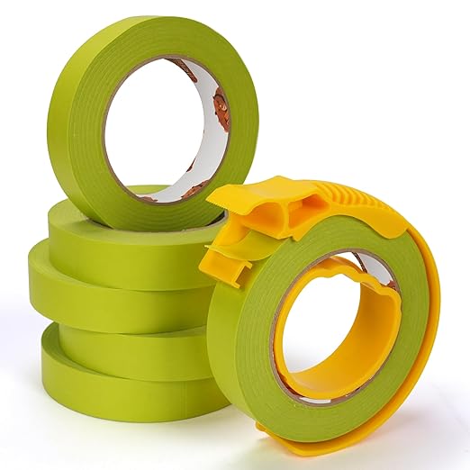 TAPEBEAR Green Painters Tape with Dispenser 21-Days Clean Removal, Washi Masking Tape 0.94Inch x 60Yards, Medium Adhesion Indoor Outdoor Multi-Surface Painting with Sharp Lines for Car/Wall, 6Rolls