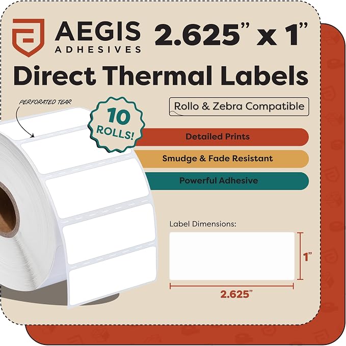 Aegis Adhesives - 2.625" X 1" Direct Thermal Labels (15600 Count, 12 Rolls) - FNSKU Labels, Barcode Stickers, Inventory Identification - Compatible with Zebra and Rollo Printers