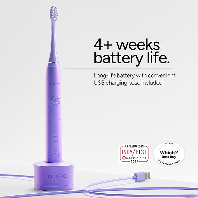 ORDO Sonic+ Electric Toothbrush for Adults, Advanced Tech, 4 Brushing Modes, Fast Rechargeable, Sonic Toothbrushes Over 4 Weeks Battery Life, Silicone Polishing Element, USB Charger, Pearl Violet