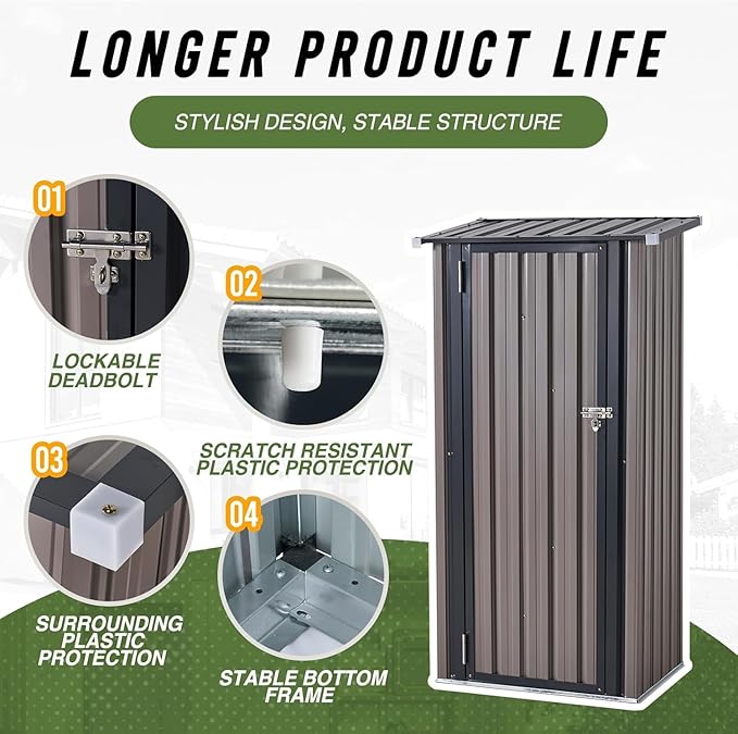 Aoxun 3’x2.1’ Shed Outdoor Storage Shed, Brown | Metal Shed with Lockable Doors & Slooping Roof Garden Tool Shed for Backyard, Patio, Poolside