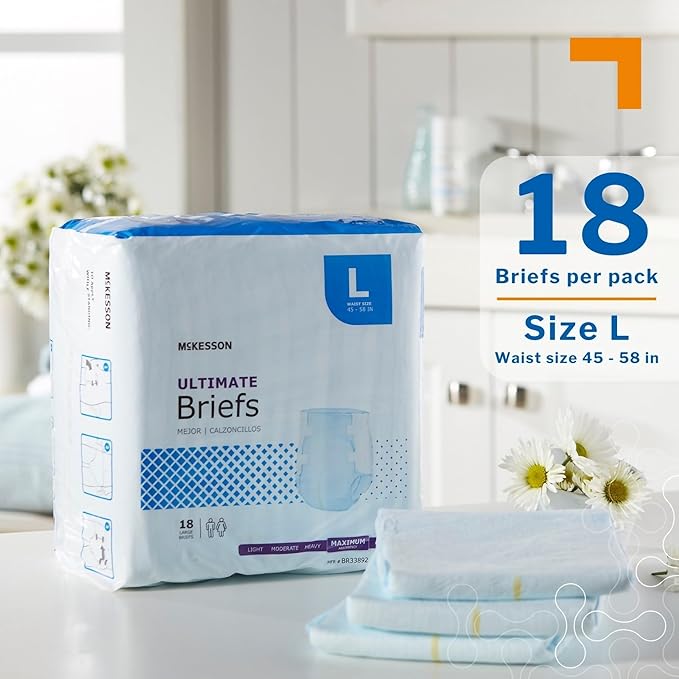McKesson Ultimate Briefs, [18 Count], Size L, 45-58 in. Incontinence Adult Diapers with Tabs, Maximum Absorbency, Unisex, Disposable, Elastic Leg Gathers and Contoured Fit for Men and Women