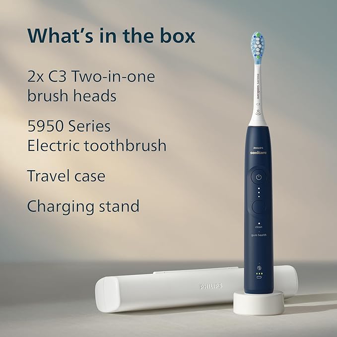 Philips Sonicare 5950 Series Electric Toothbrush with Travel Case, Pressure Sensor, 21-Day Runtime, 6 Brushing Settings, SmarTimer, BrushPacer, Navy Blue, HX7133/03