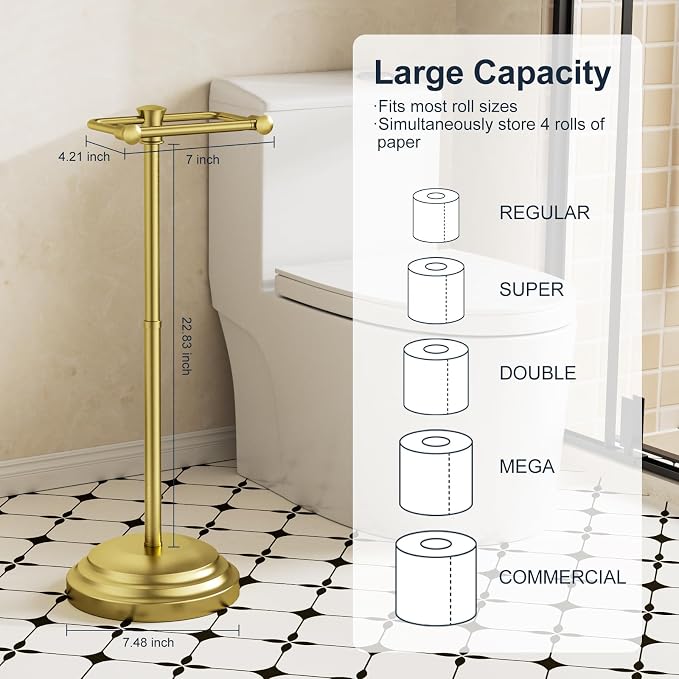 Bathroom Toilet Paper Holder Stand, Brushed Gold Toilet Paper Holder Free Standing, Stainless Steel Pivoting Toilet Tissue Roll Holder，Adjustable Height (14.76'' to 23.36'') Paper Holder