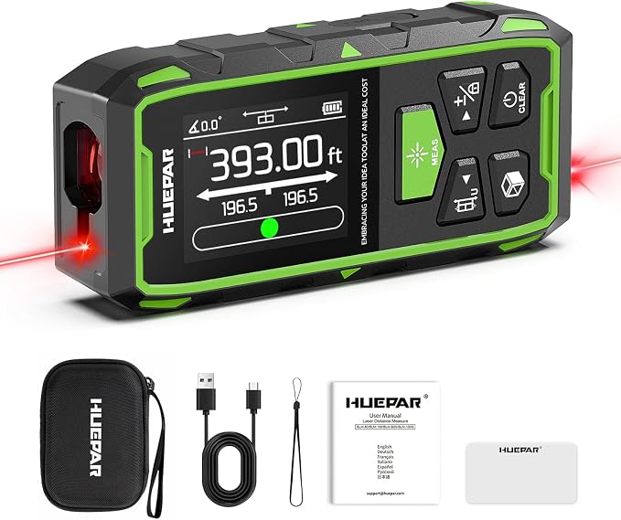 Huepar Professional Dual Laser Measuring Tool 393ft, 5 Years Warranty, Rechargeable Bilateral Laser Measurement Tool, Laser Room Measure Devices, Magnetic Metro Laser Distance Measure, Angle Sensor