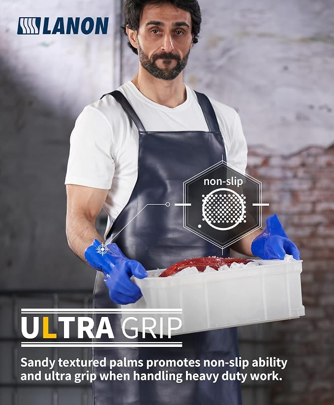 LANON PVC Chemical Resistant Gloves, Heavy-Duty Rubber Gloves, Acid, Alkali and Oil Protection, Non-Slip, Blue, Large