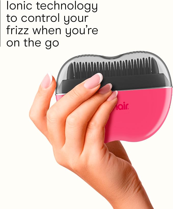 Conair Ceramic Ionic Smoothing Brush, Portable Frizz Control Styling Brush for Shine, 2 Heat Settings up to 360°F, USB-C Rechargeable, Travel-Friendly with Protective Cover, Hot Pink/Black, CR80