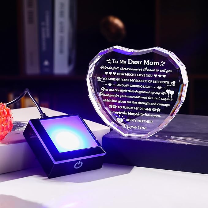 Arikyrist Gifts for Mom with Colorful LED Base Moms Birthday Gifts from Daughter Son to My Mom Gift Crystal Heart Keepsake Best Mother Presents Idea for Christmas Mother's Day Valentine