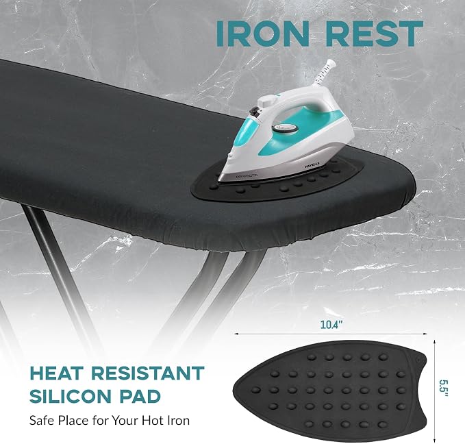 RAINHOL Ironing Board 48x15, Wide Heavy Duty Full Size Ironing Board, Sturdy Iron Table with Smart Hanger, Heat-Resistant Silicone Pad Iron Rest, Black
