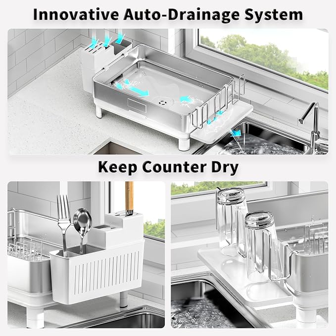 Dish Drying Rack, 304 Stainless Steel Dish Racks for Kitchen Counter | Dish Drainers with Automatic Drainage, Utensil Holder & Cups Holder, Space Saving Kitchen Organizer, White