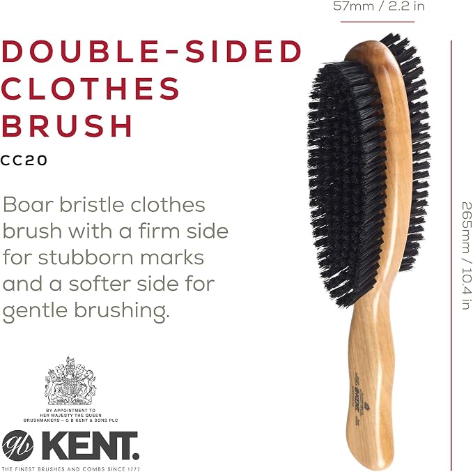 Kent CC20 Double Sided Cherrywood Clothes Brush and Lint Remover, Firm Side for Dust and Dirt, Soft Side for Gentle Brushing for Keeping Fabrics Free from Fibres, Fluff and Pet Hair, Made in England