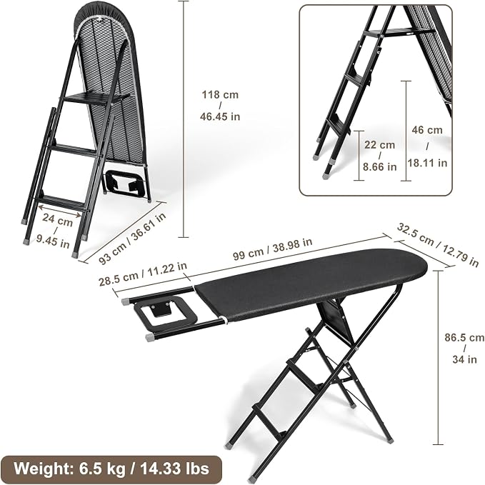 Duwee 13" ×39" Ironing Board & Ladder with Iron Rest | 2 in 1 Multifunction Ironing Boards with Heat Resistant Cover and Thicken Padding,Heavy Sturdy Legs and Foldable,Black